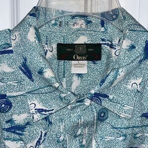 Orvis cotton fly fishing print lure and rod angler aloha Hawaiian Hawaii shirt